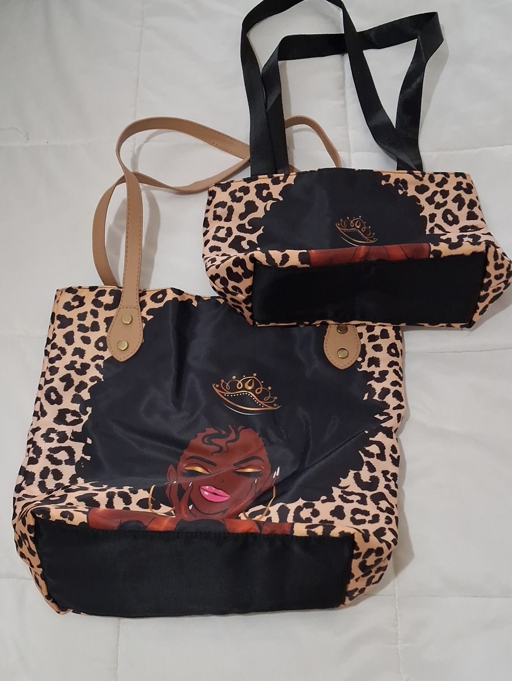 Leopard Print 2 Tote Bags P with Afro Portrait - Black & Tan